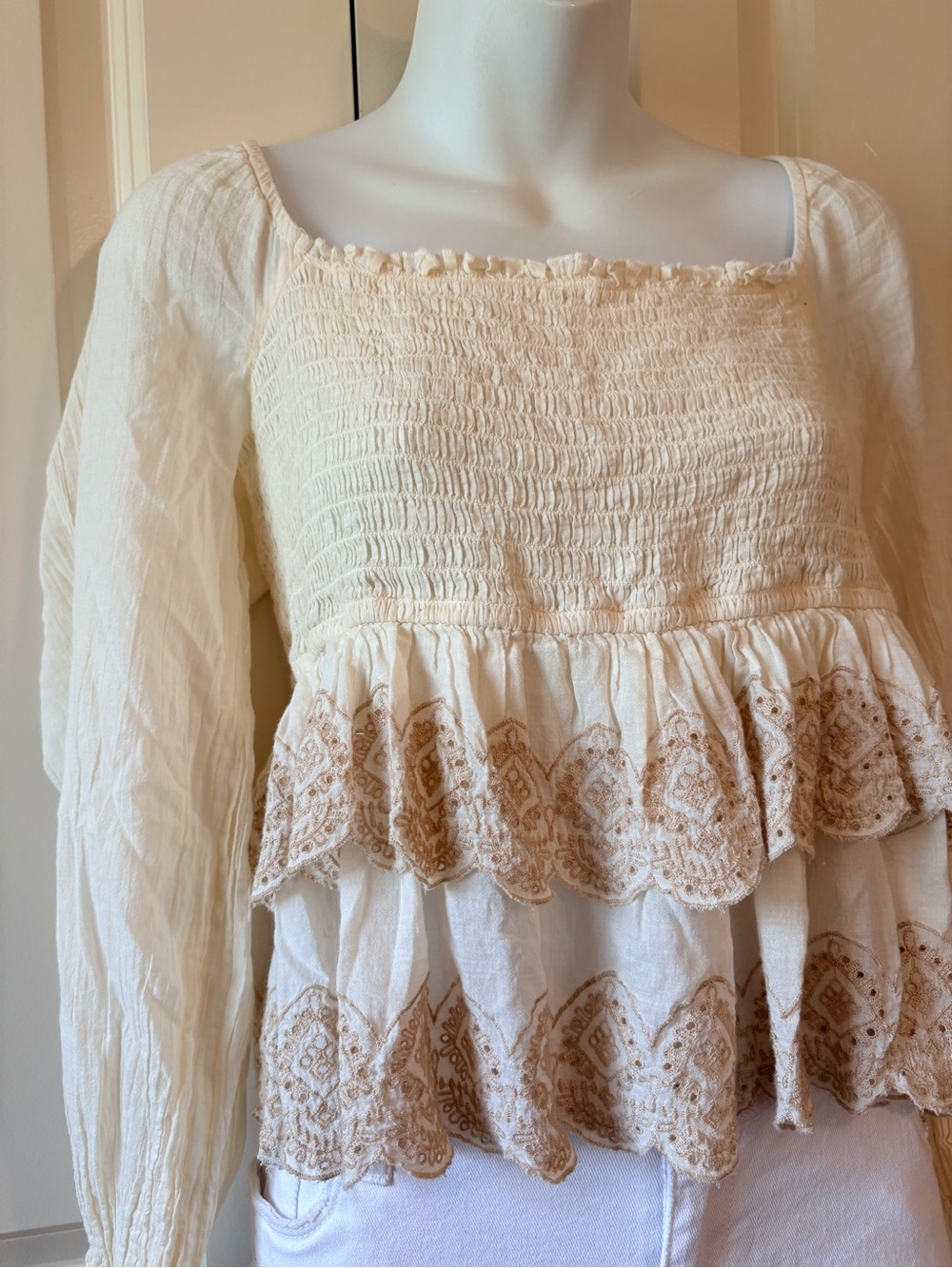 Boho Smocked Peasant Top in Cream with Embroidered Hem, size M - Picture 2 of 8